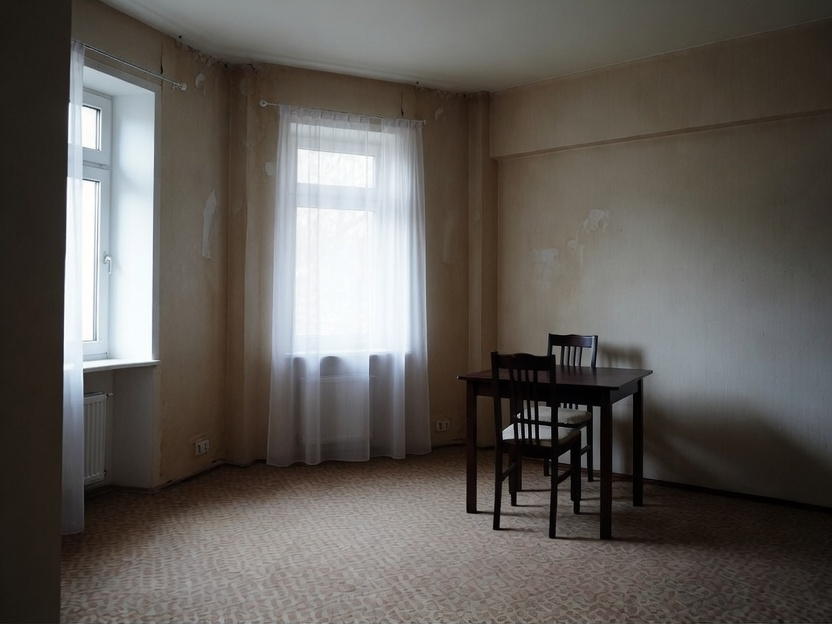 Salle à manger avant peinture : murs défraîchis, plaques de plâtre et tapis usé